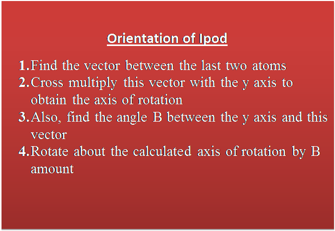 Text Box: Orientation of Ipod
1.	Find the vector between the last two atoms
2.	Cross multiply this vector with the y axis to obtain the axis of rotation
3.	Also, find the angle B between the y axis and this vector
4.	Rotate about the calculated axis of rotation by B amount

