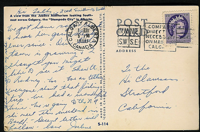 Calgary Post Card Letter 1961-02-01