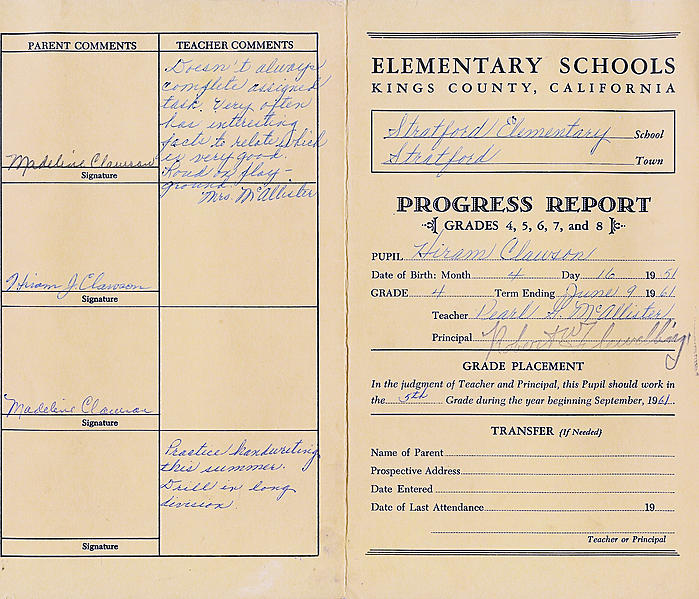 Hiram Grade 4 Report Card 1 1961-06-08