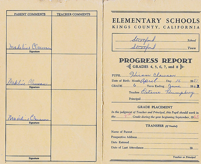 Hiram Grade 6 Report Card 1 1963-06-06