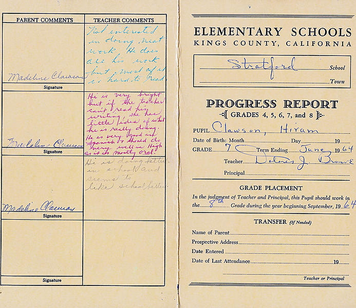 Hiram Grade 7 Report Card 1 1964-06-04