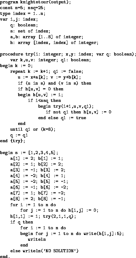 \begin{figure}
\begin{verbatim}
program knightstour(output);
const n=5; nsq=25;
...
 ...j]:5);
 writeln
 end
 else writeln('NO SOLUTION')
end.\end{verbatim}\end{figure}